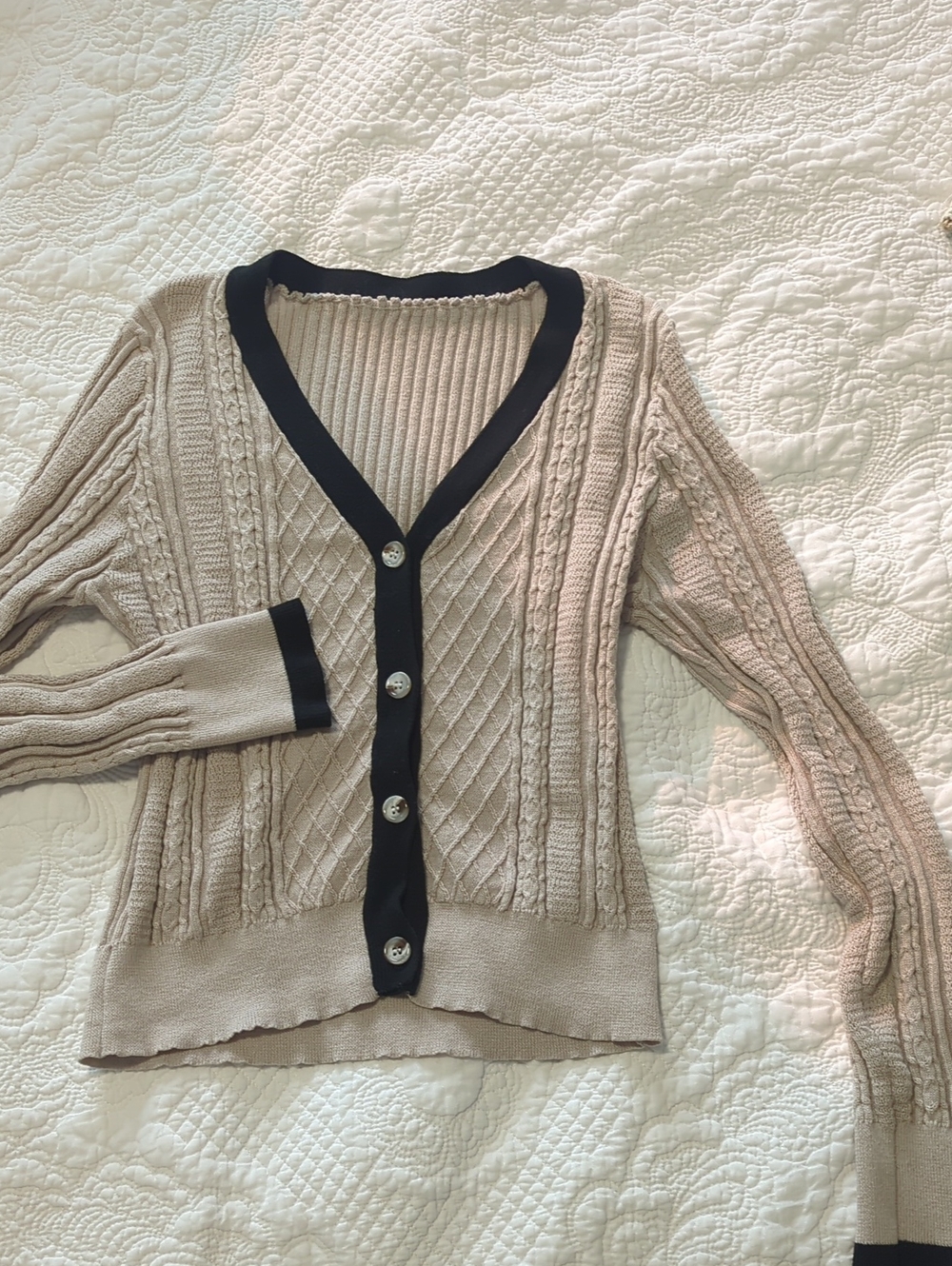 SHEIN Beige Cable Knit V-Neck Cardigan with Black Trim